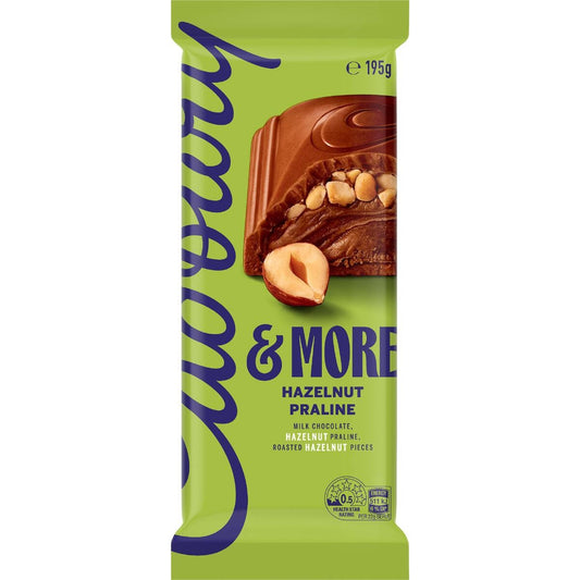 Cadbury More Hazelnut Praline milk chocolate block with creamy praline filling and crunchy roasted hazelnuts from New Zealand.
