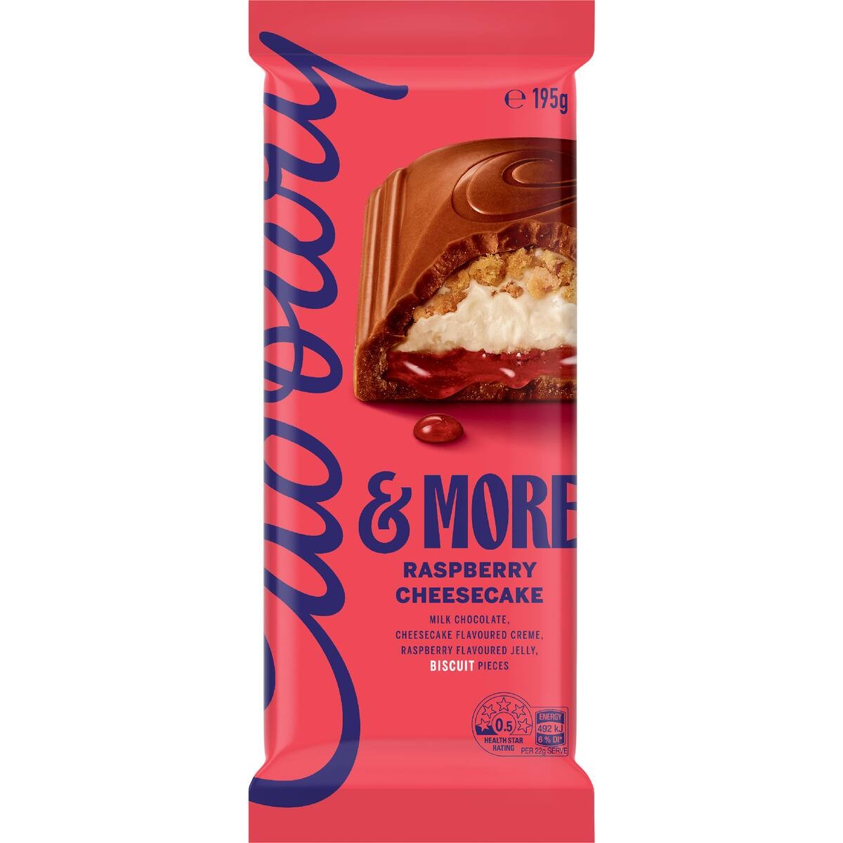 Cadbury More Raspberry Cheesecake milk chocolate block featuring a creamy cheesecake flavored filling with raspberry pieces and biscuit crunch from New Zealand.