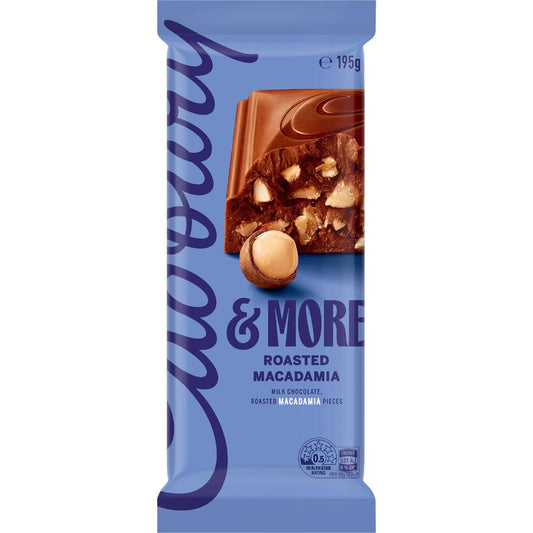 Cadbury More Roasted Macadamia milk chocolate block featuring whole crunchy nuts and smooth dairy milk chocolate from New Zealand.