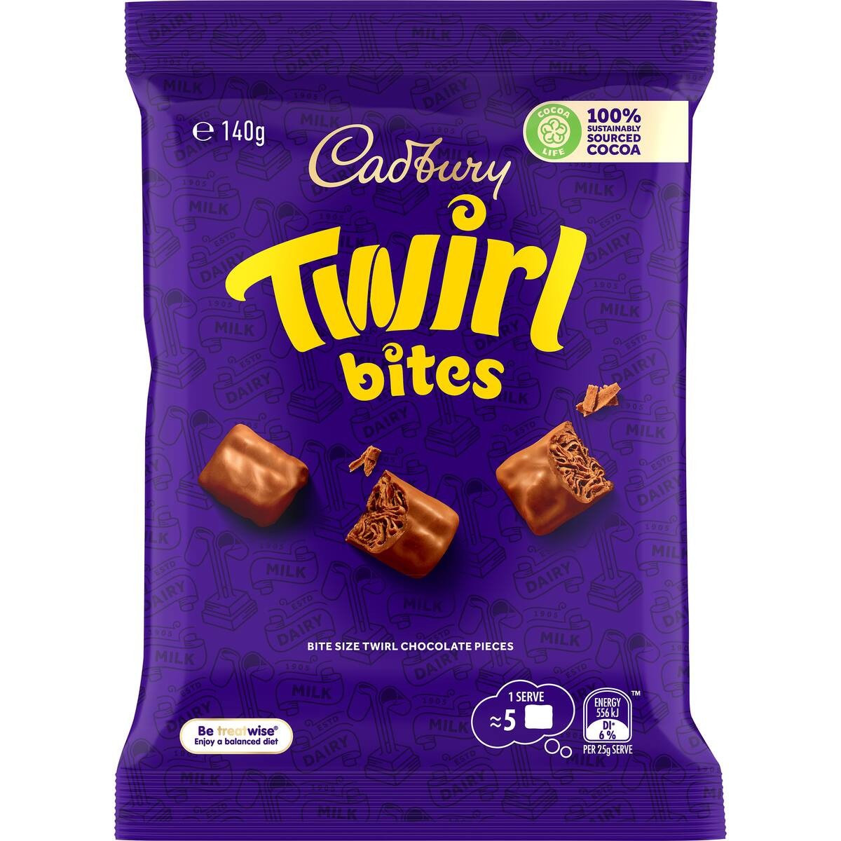 A 140g purple bag of Cadbury Twirl Bites featuring bite-sized pieces of aerated milk chocolate from New Zealand.