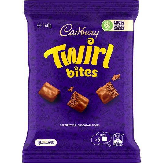 A 140g purple bag of Cadbury Twirl Bites featuring bite-sized pieces of aerated milk chocolate from New Zealand.
