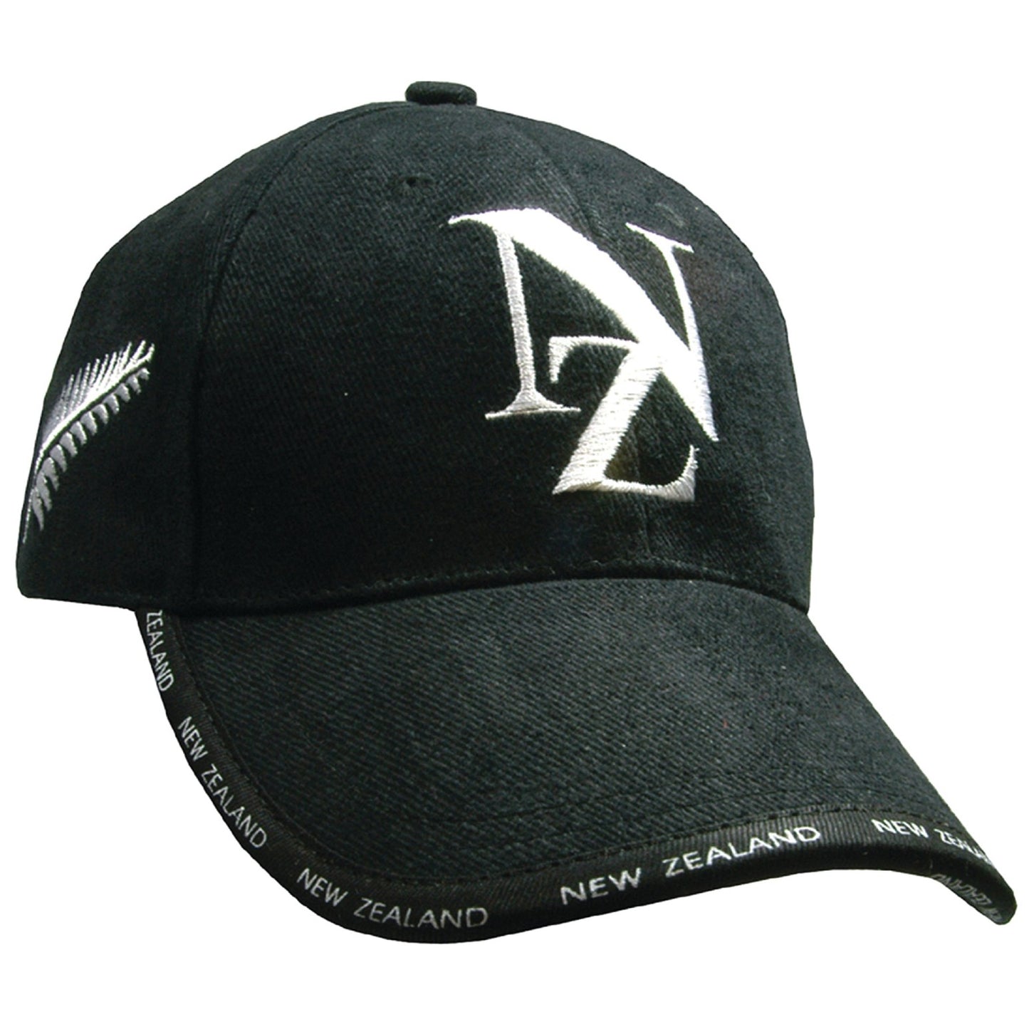Black brushed cotton baseball cap featuring embroidered white NZ logo and double silver fern design on the side.