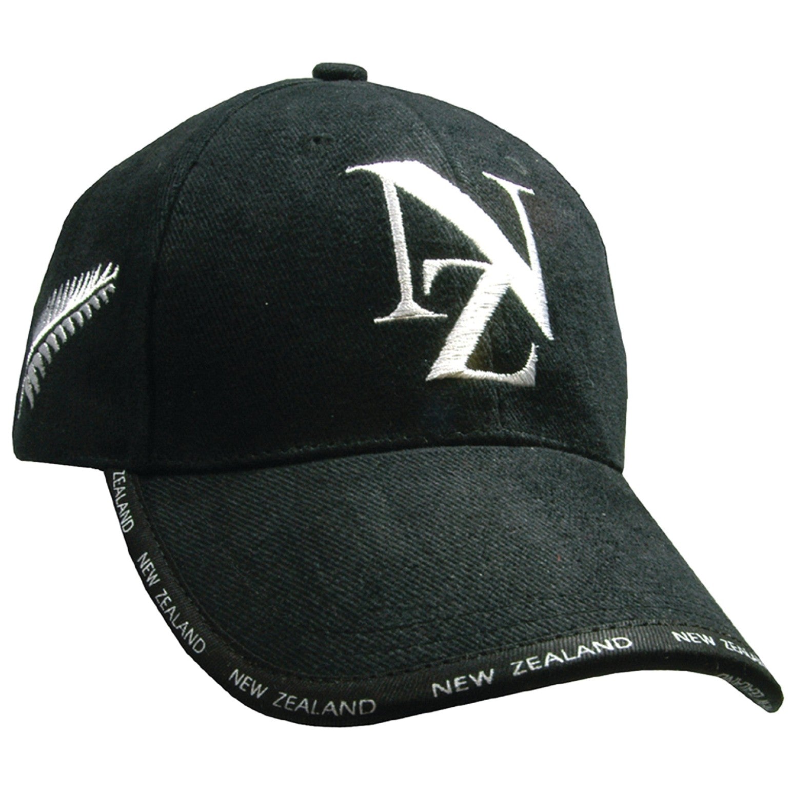 Black brushed cotton baseball cap featuring embroidered white NZ logo and double silver fern design on the side.