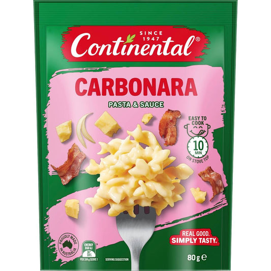 Packaging of Continental Carbonara pasta & sauce with a forkful of pasta on a pink background.