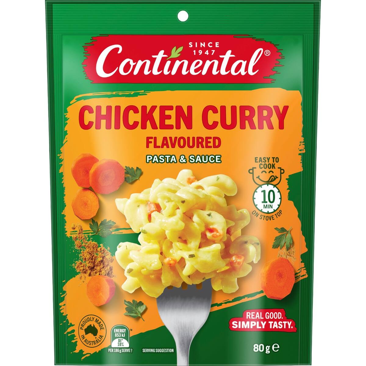 Packaging of Continental Chicken Curry Flavoured Pasta & Sauce on a white background