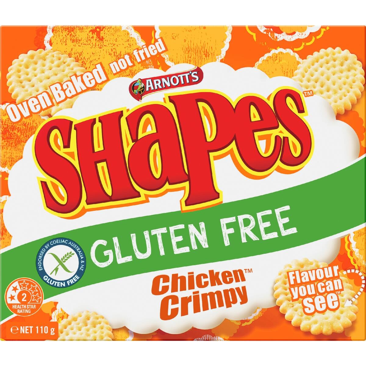 Arnott’s gluten free chicken crimpy shapes crackers savoury snack