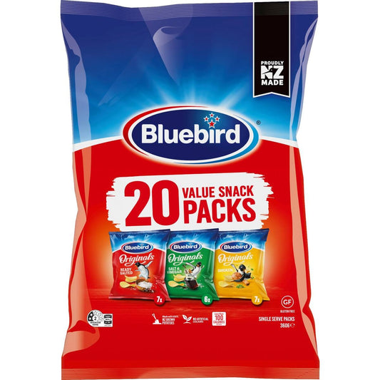 Red and blue packaging of Bluebird snack packs with a '20 Value Pack' label.