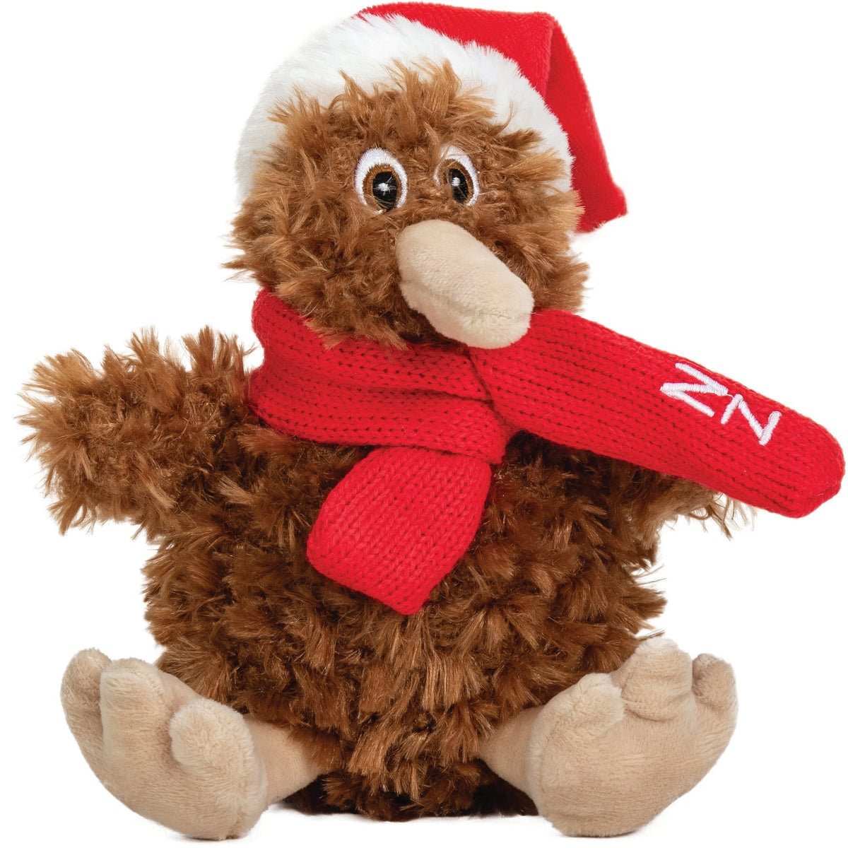 Christmas Kiwi soft toy wearing a festive Santa hat standing 15cm tall
