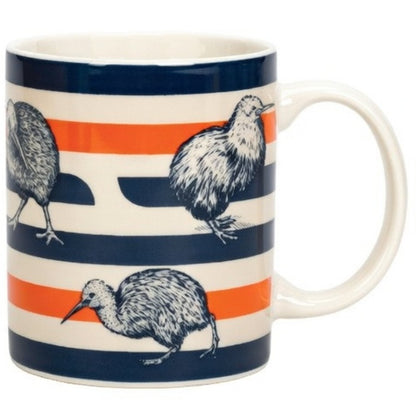 Ceramic coffee mug featuring an original New Zealand kiwi bird stripe design with native fern accents
