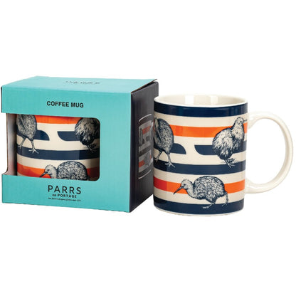 Ceramic coffee mug featuring an original New Zealand kiwi bird stripe design with native fern accents