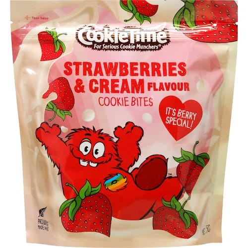 Cookie Time Strawberries and Cream Cookie Bites in a resealable bag from New Zealand