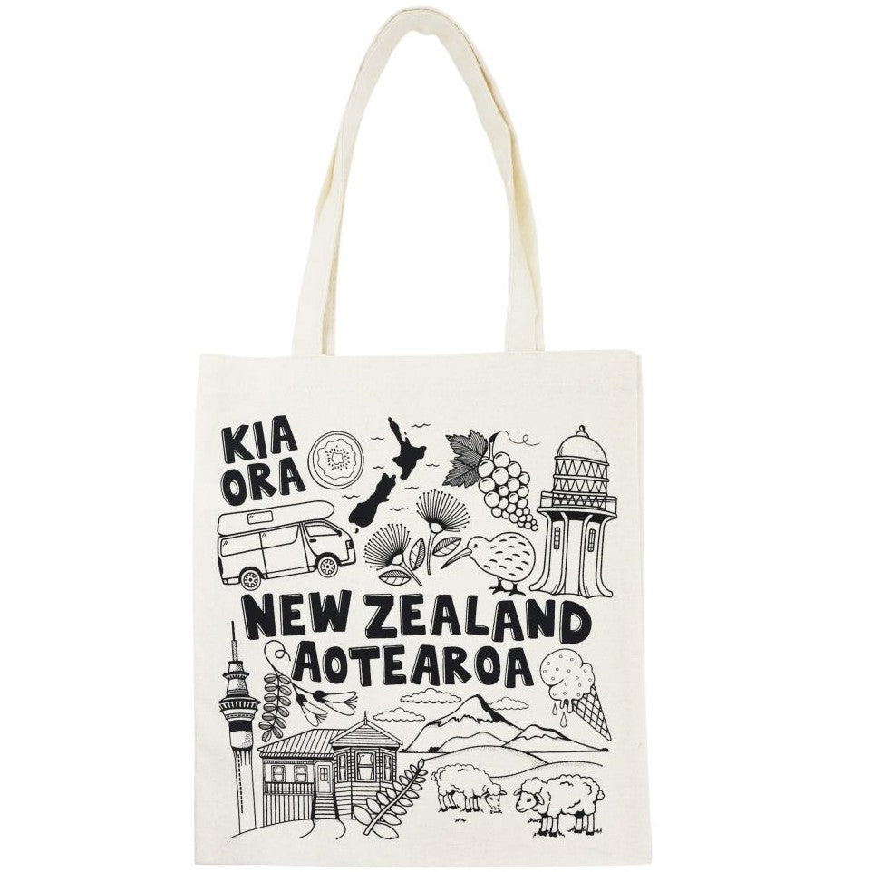 Natural cotton canvas tote bag featuring iconic New Zealand symbols and classic Kiwi illustrations.