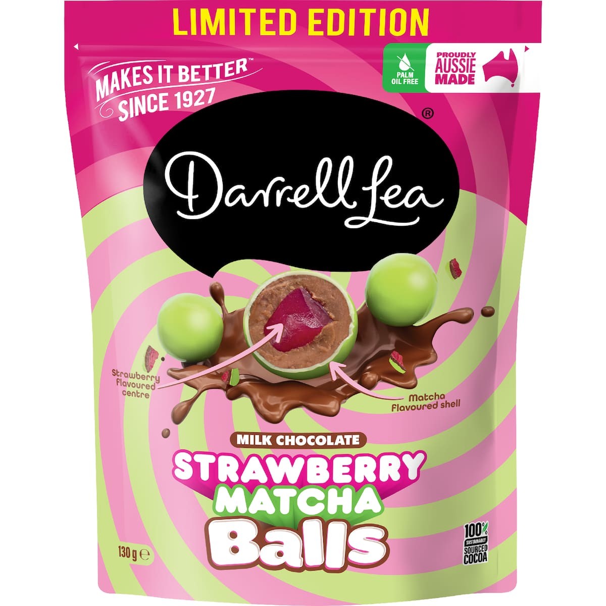 Darrell Lea Strawberry Matcha Balls 130g with chewy strawberry centres, milk chocolate and matcha-flavoured coating