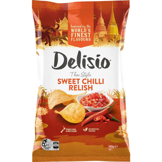 Delisio Thai Style Sweet Chilli Relish packaging with cultural elements and product imagery.