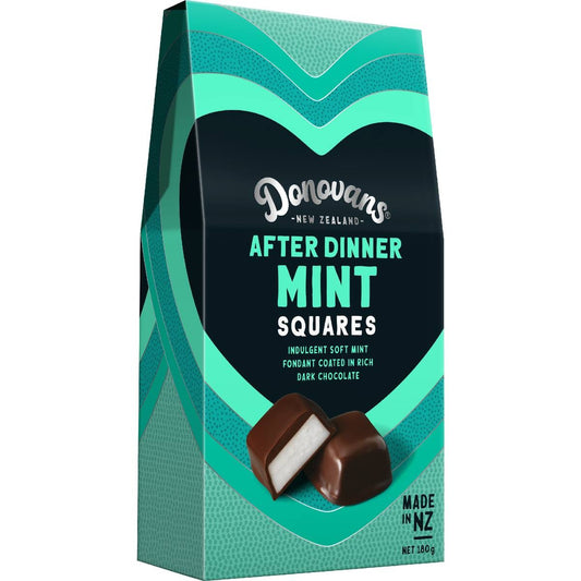 Donovans After Dinner Mint Squares 180g gift box featuring dark chocolate coated mint fondant sweets from New Zealand