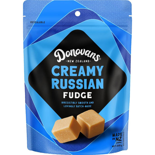 Donovans Creamy Russian Fudge 200g bag featuring traditional soft batch-cooked caramel fudge chunks from New Zealand