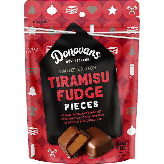 Donovans Fudge Tiramisu 150g pack featuring creamy coffee-infused fudge wrapped in smooth milk chocolate