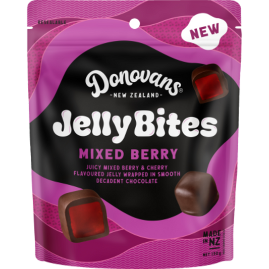 Donovans Jelly Bites Black Forest 130g resealable bag of premium New Zealand chocolate covered fruit flavored jellies