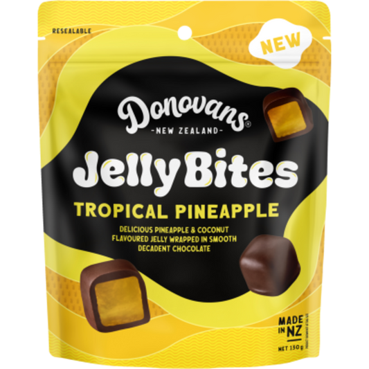 Donovans Jelly Bites Tropical Pineapple 130g resealable bag of premium New Zealand chocolate covered pineapple and coconut flavored jellies