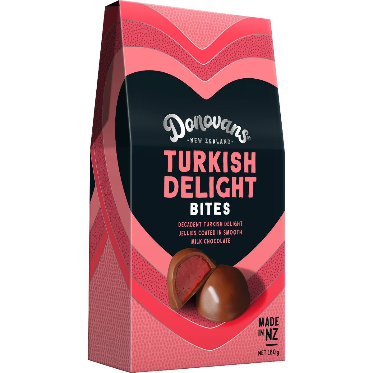 Donovans Turkish Delight Bites 180g gift box featuring rose-flavoured jelly cubes coated in creamy milk chocolate from New Zealand
