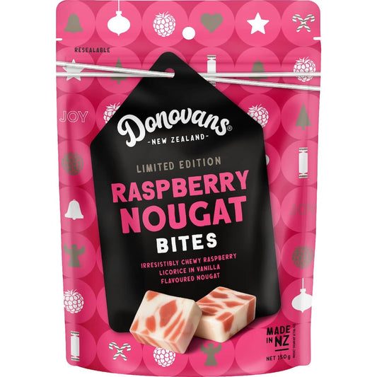 Donovans Nougat Raspberry 150g pack featuring chewy raspberry pieces in vanilla-flavoured nougat