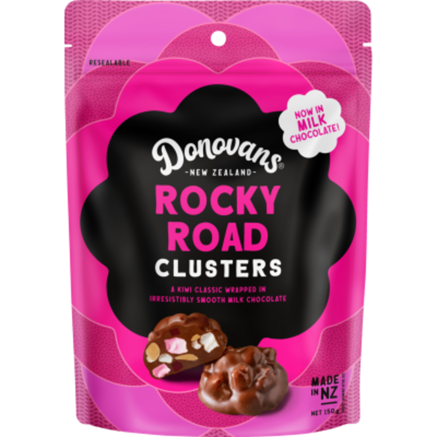 Donovans Rocky Road Clusters 150g bag featuring soft mini marshmallows sweet berry pieces and roasted peanuts enrobed in premium New Zealand dark chocolate