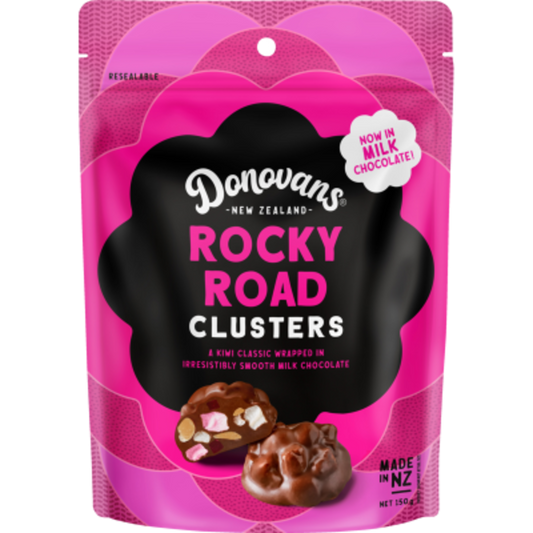 Donovans Rocky Road Clusters 150g bag featuring soft mini marshmallows sweet berry pieces and roasted peanuts enrobed in premium New Zealand dark chocolate