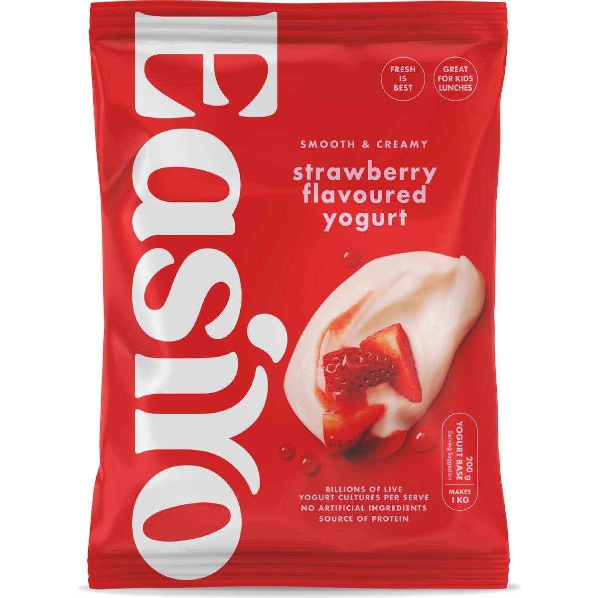 Easiyo Strawberry flavoured yoghurt 200g sachet for making fresh New Zealand yogurt at home.