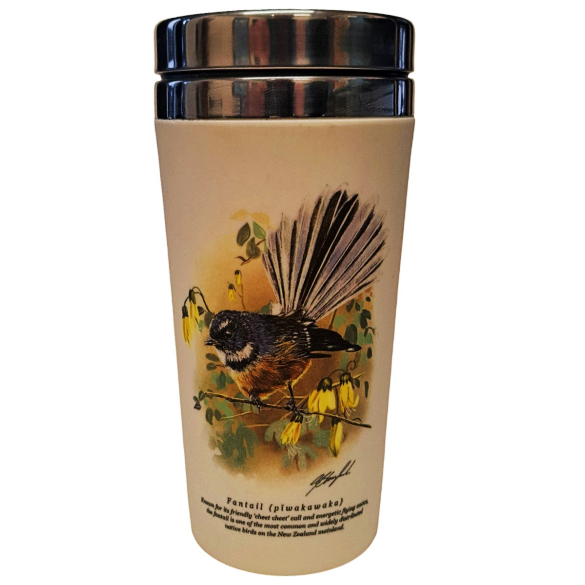 Travel mug with a bird design on a beige background