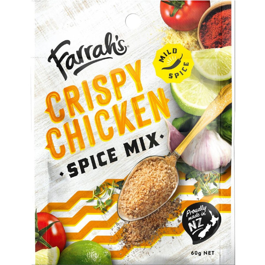 Farrah's Crispy Chicken Spice Mix sachet 60g product packaging showing Mexican style seasoning blend from New Zealand