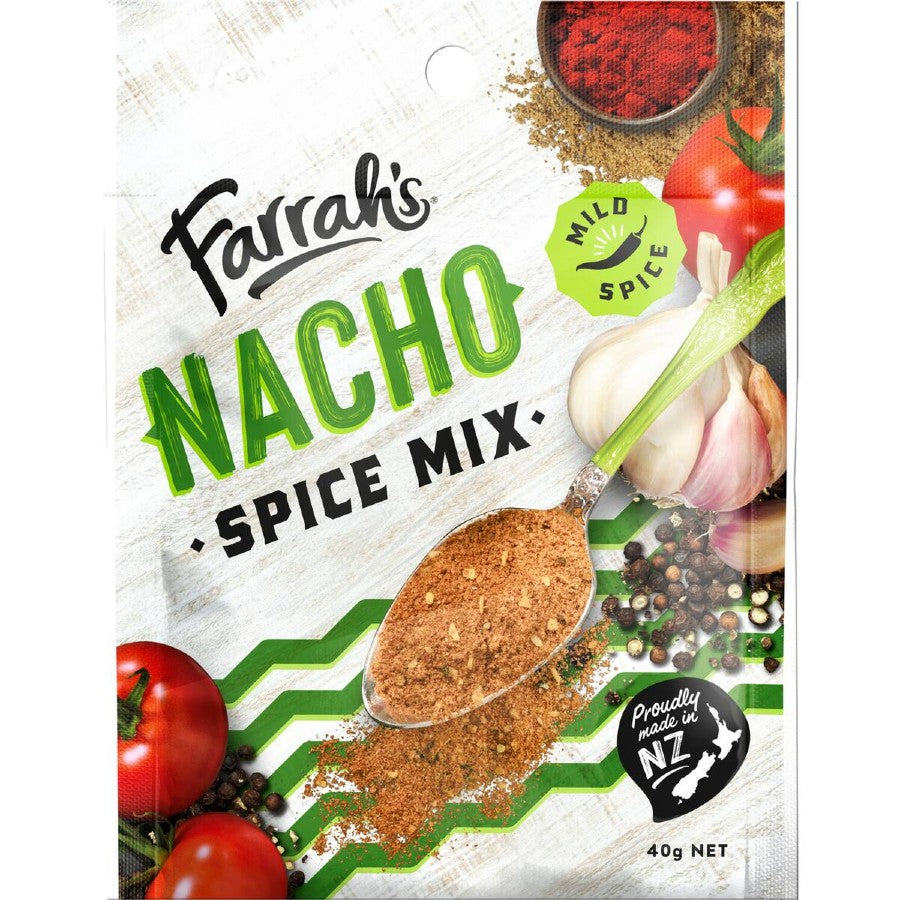 Farrah's Nacho Spice Mix sachet 40g product packaging showcasing Mexican seasoning blend from New Zealand