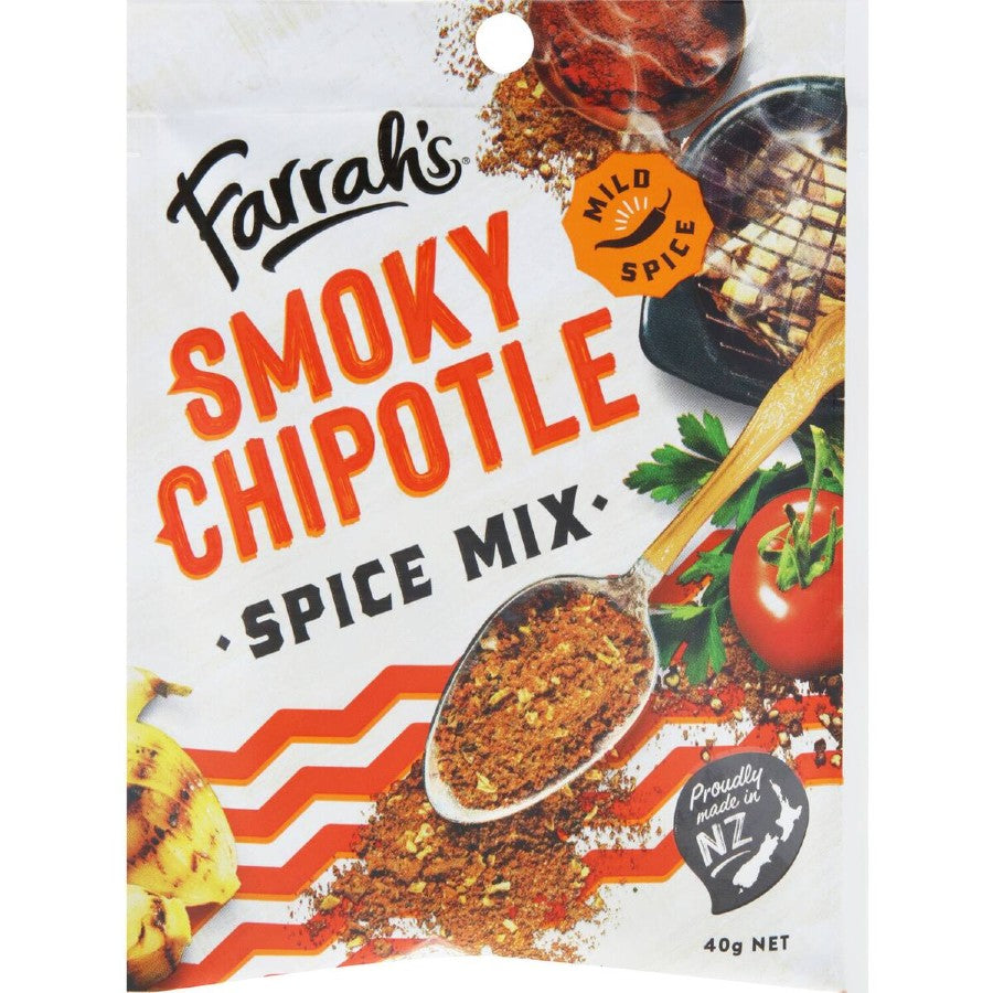 Farrah's Smoky Chipotle Spice Mix sachet 40g product packaging showcasing Mexican seasoning blend from New Zealand