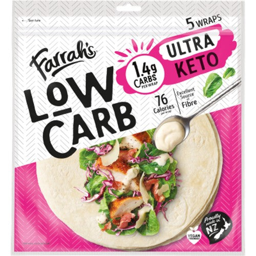 Farrah’s Ultra Keto Low Carb Wraps 5 pack featuring 1.4g net carbs per wrap for keto and low carb diets.