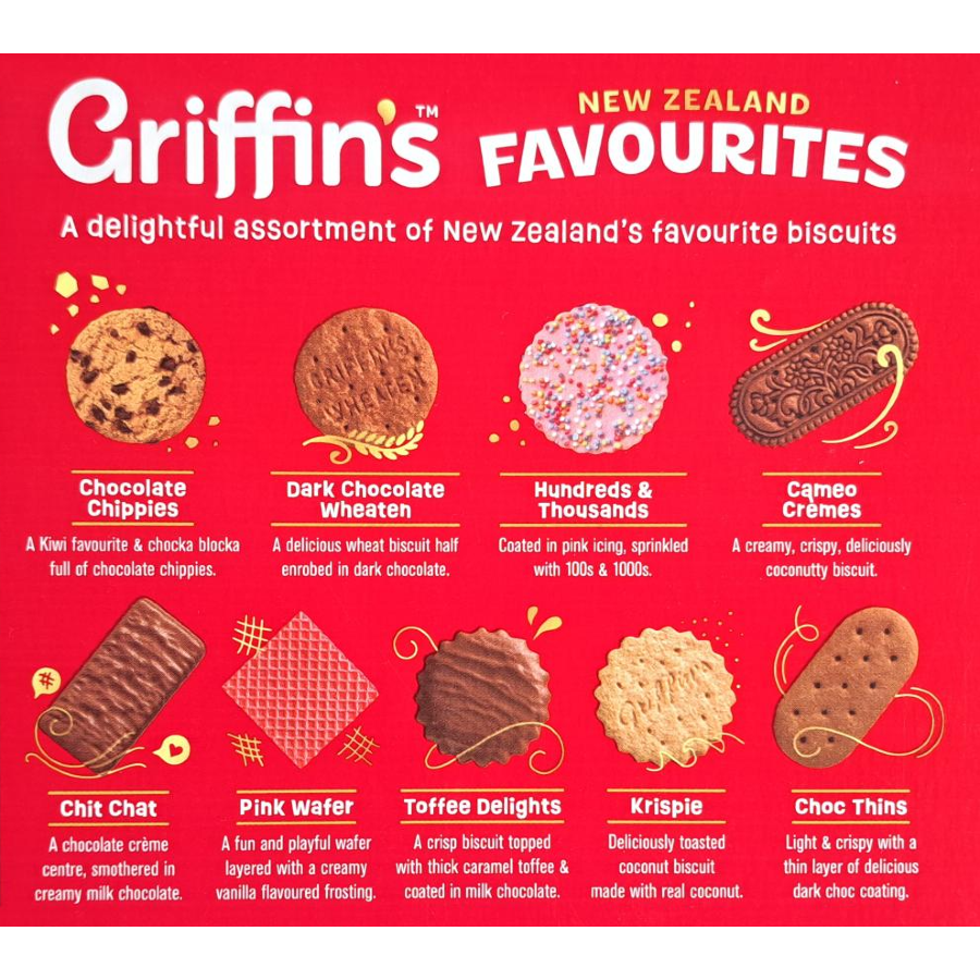 Griffin NZ Favourite Treats 500g box featuring assorted Kiwi biscuits