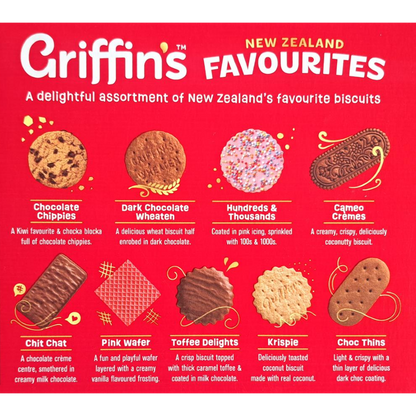 Griffin NZ Favourite Treats 500g box featuring assorted Kiwi biscuits