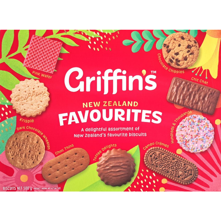 Griffin’s NZ Favourite Treats 500g box featuring assorted Kiwi biscuits