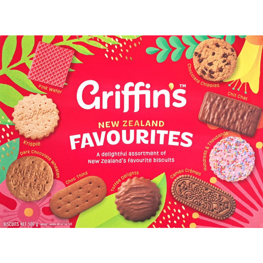 Griffin’s NZ Favourite Treats 500g box featuring assorted Kiwi biscuits