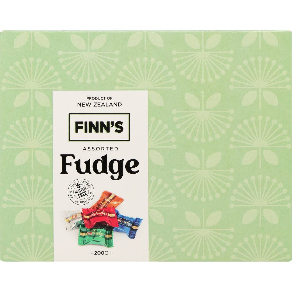 Packaging of Finn's assorted fudge with a green patterned background