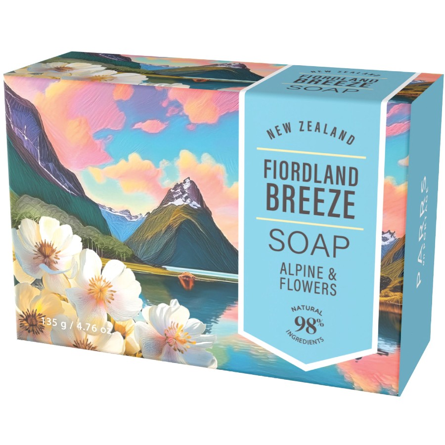 Soap packaging with Fiordland Breeze branding and scenic design