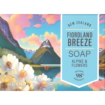 Soap bar with Fiordland Breeze branding and a scenic design on the packaging.