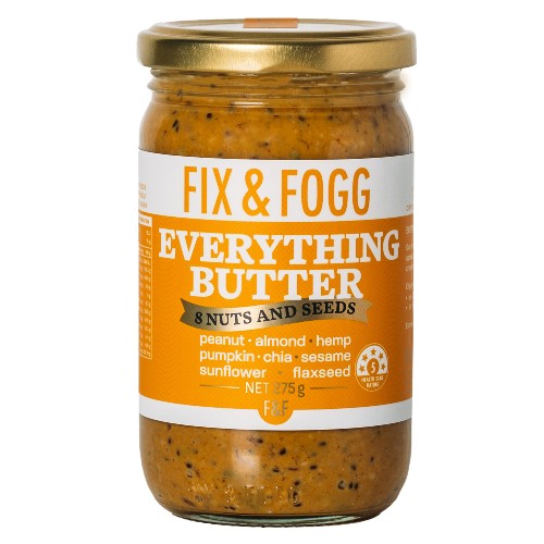 Fix and Fogg Everything Butter 275g jar featuring a crunchy blend of peanuts, almonds, and eight different seeds.