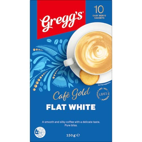 Greggs Cafe Gold Coffee Mix Flat White 150g box 10 sachets
