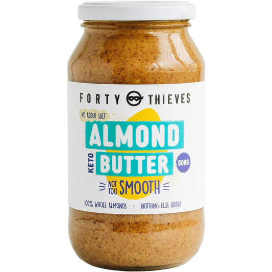 Jar of Forty Thieves Smooth Almond Butter made from non-GMO roasted almonds in New Zealand.