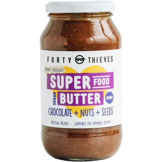 Jumbo 500g jar of Forty Thieves Superfood Butter with dark chocolate, nuts, and seeds from New Zealand.