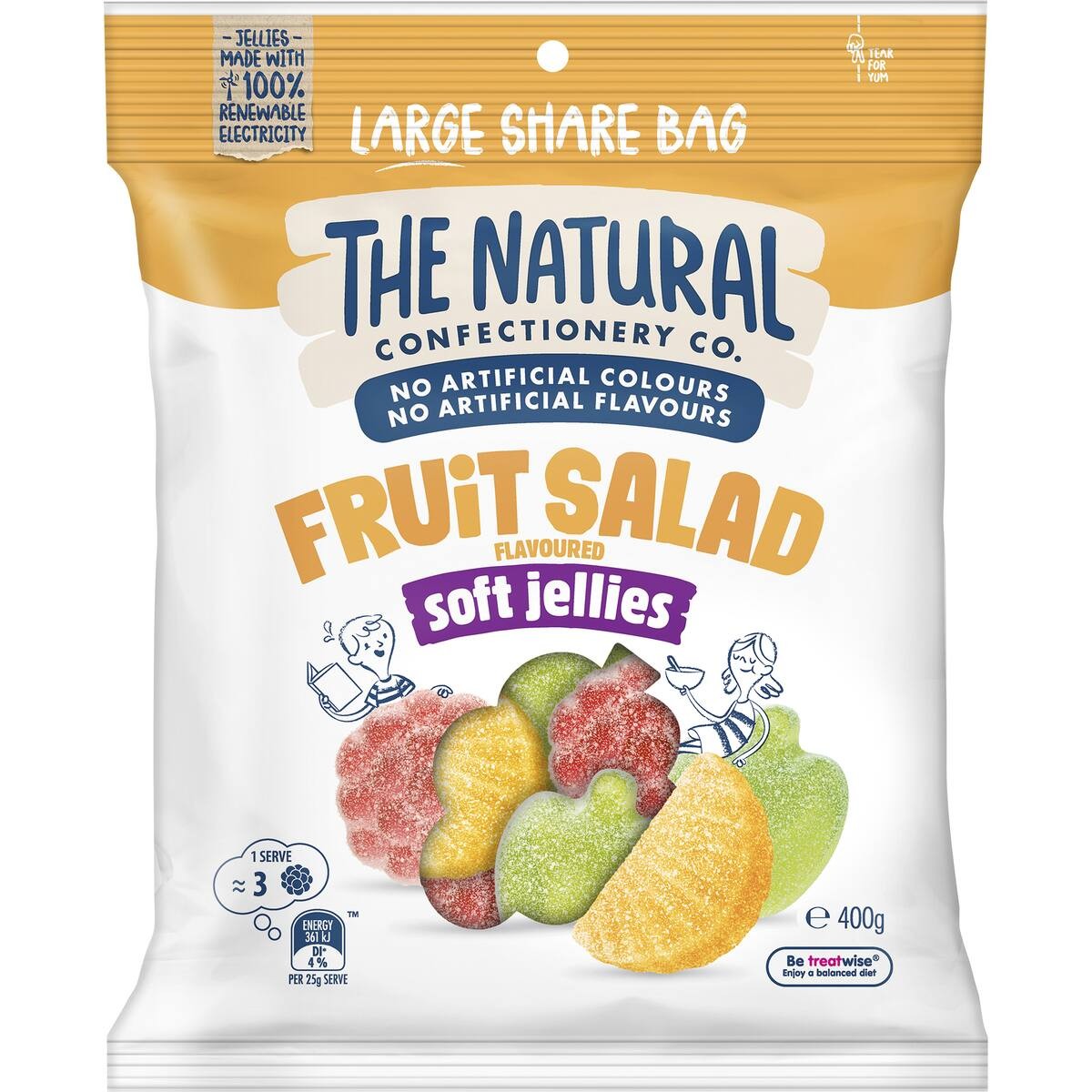 Packaging of The Natural Confectionery Co. Fruit Salad flavoured soft jellies on a white background