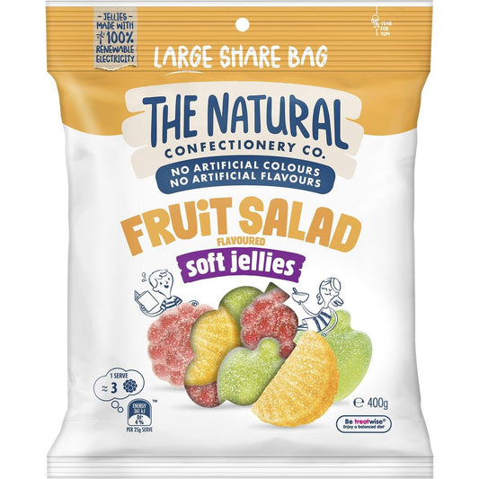 Packaging of The Natural Confectionery Co. Fruit Salad flavoured soft jellies on a white background
