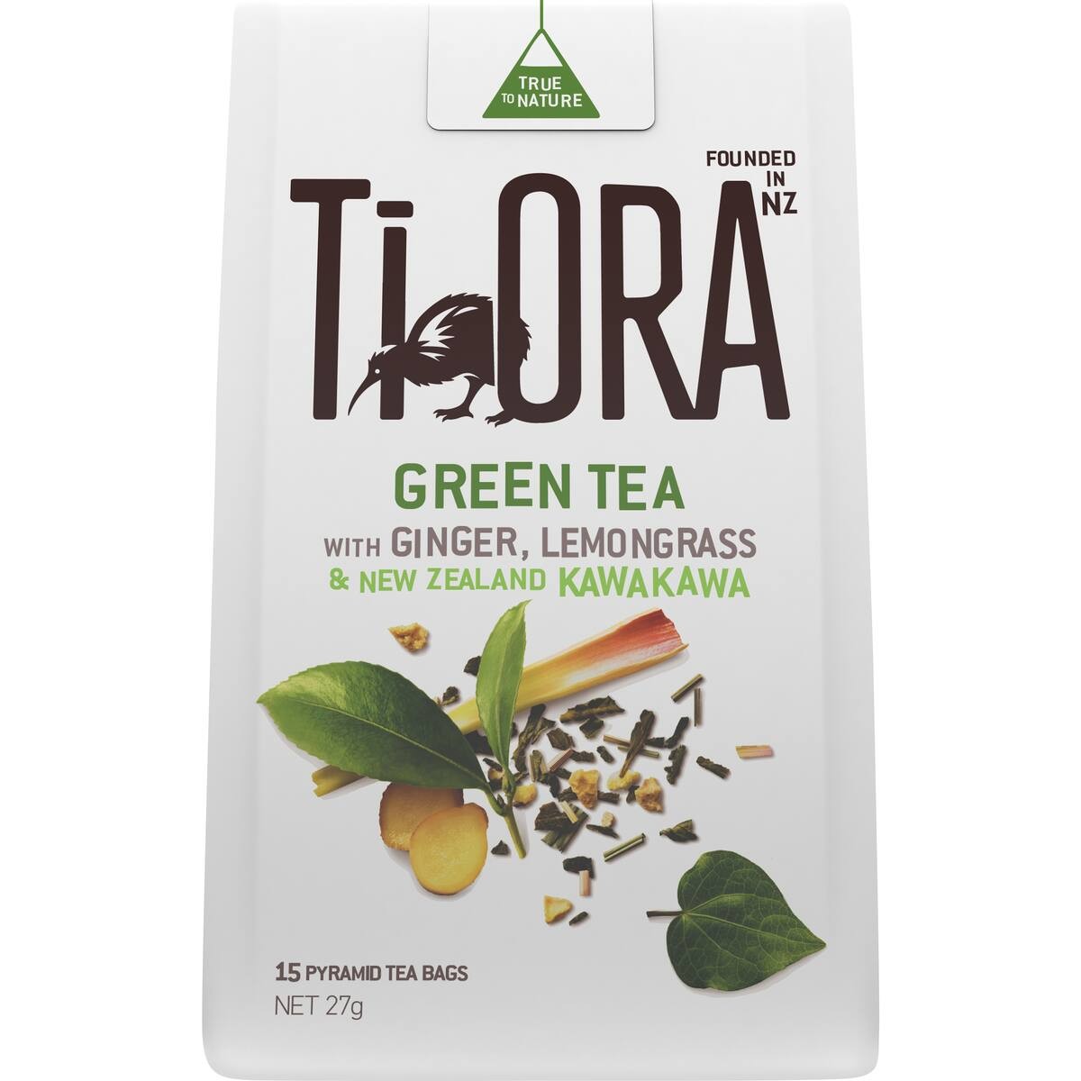 Ti Ora green tea packaging with ginger, lemongrass, and kawakawa on a white background