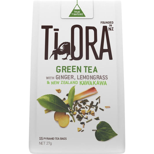Ti Ora green tea packaging with ginger, lemongrass, and kawakawa on a white background