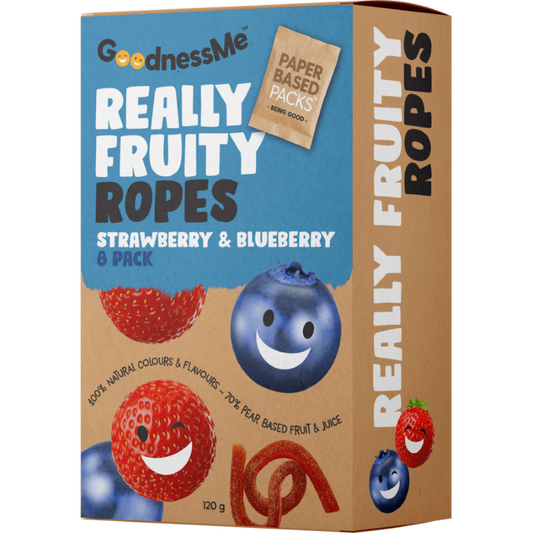 GoodnessMe Strawberry and Blueberry Really Fruity Ropes 120g pack showing chewy fruit ropes made with real fruit juice