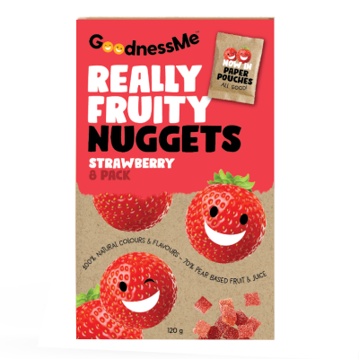 GoodnessMe Strawberry Really Fruity Nuggets package showing chewy bite sized real fruit snacks